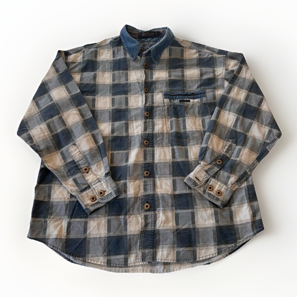 Vintage Fryday Club Men's Shirt Size Large Blue White Plaid Denim Collar Cotton - Picture 1 of 7